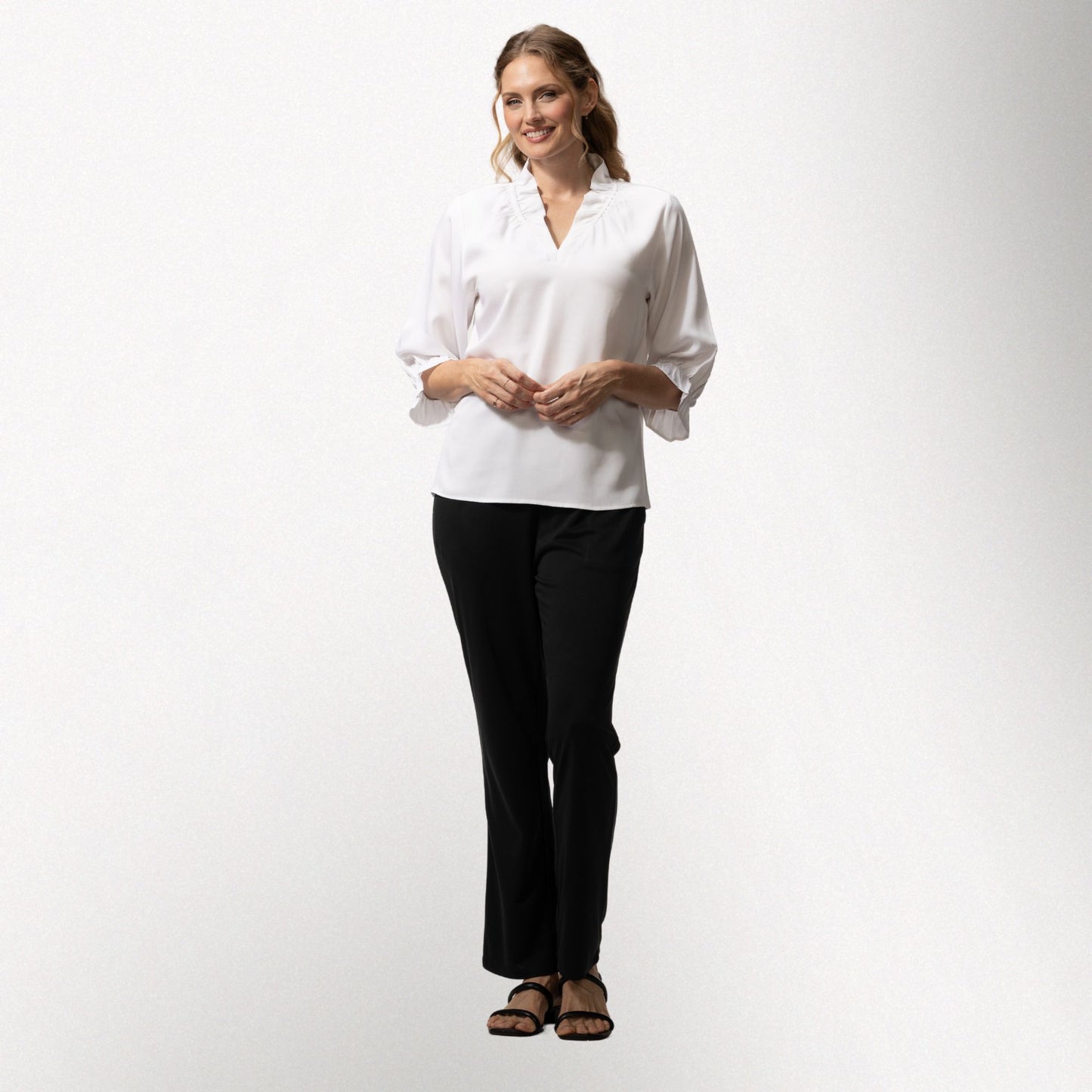 Toofan - White - Ruching Detail Collar Top – Women's Puff-Sleeve Top - TS 63