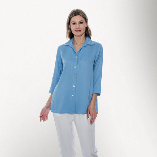 Toofan - Sky - Back-Button Shirt – Women’s 3/4 Sleeve A-Line Tunic with Spread Collar - TS 19