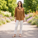 Toofan - High Low Back Button Pull Over Tobacco 100% Cupro Collared Top - CA177