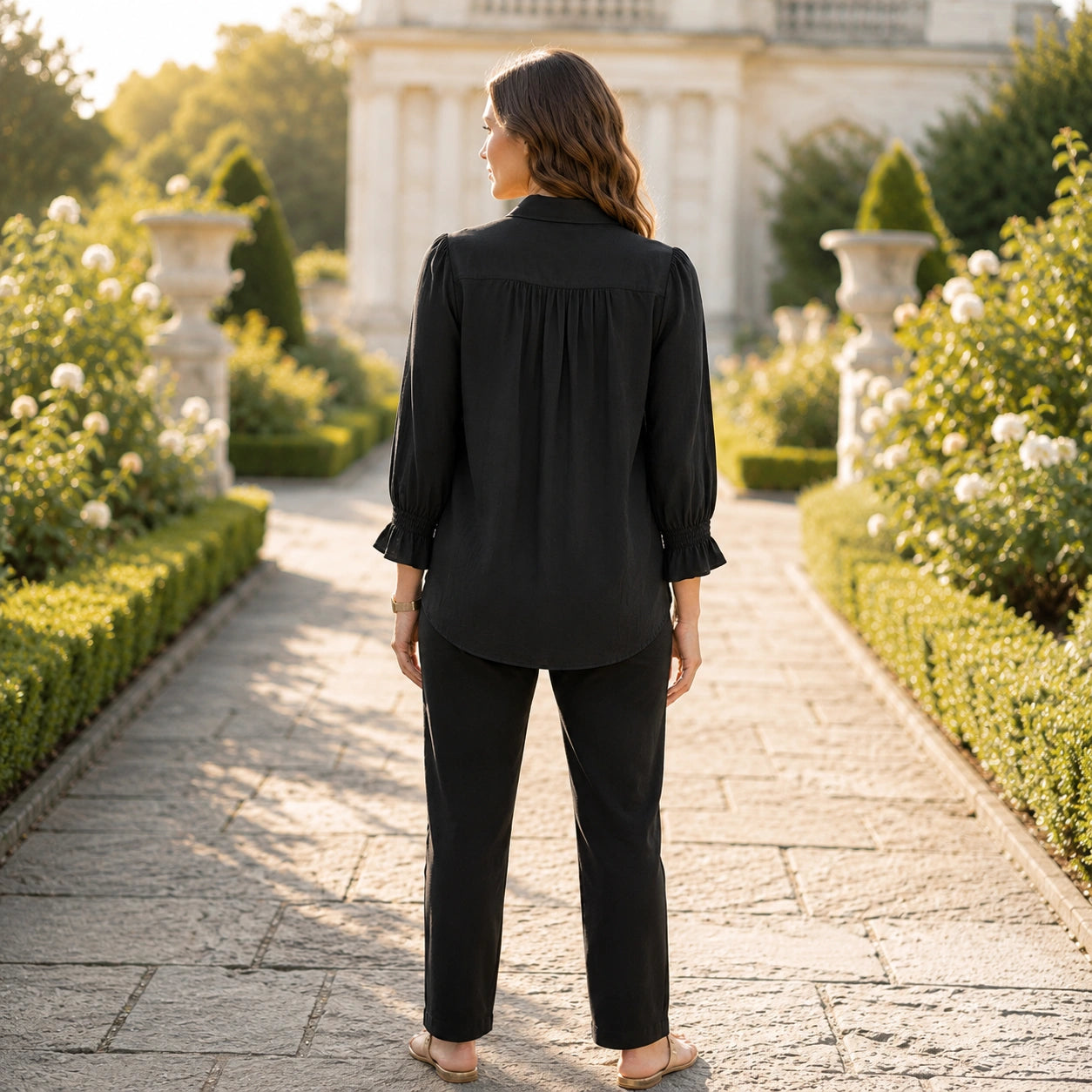 Toofan - Smocking Sleeve Shirt Black 100% Cupro Button Down - CA180