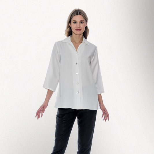 Toofan - White - Back-Button Shirt – Women’s 3/4 Sleeve A-Line Tunic with Spread Collar - TS 19