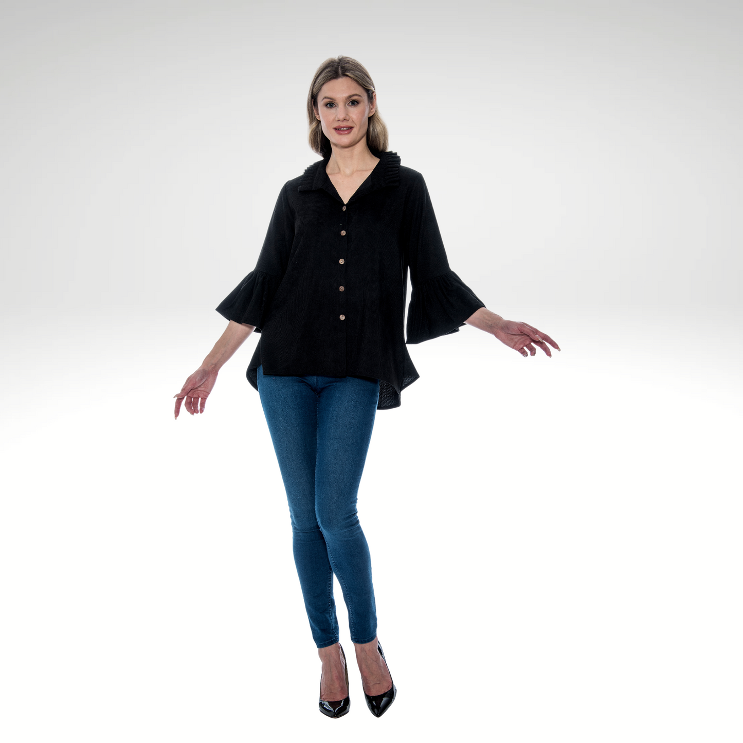 Toofan – Black – Corduroy  - Bell Sleeve Collar Detail Shirt – C 809