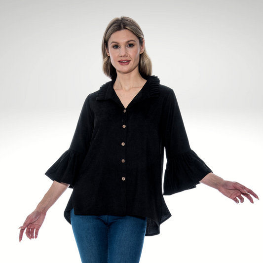 Toofan – Black – Corduroy  - Bell Sleeve Collar Detail Shirt – C 809