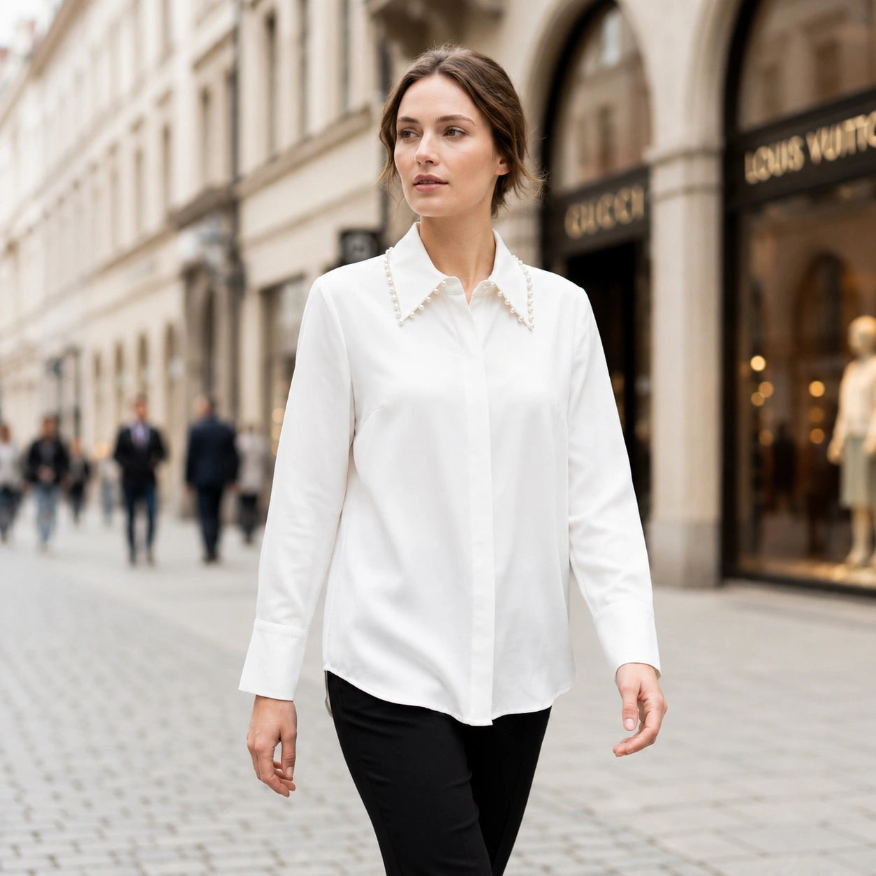 Toofan - Beaded Collar Shirt White Polyester Rayon Blend Relaxed Fit - NS24-02