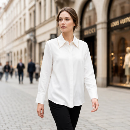 Toofan - Beaded Collar Shirt White Polyester Rayon Blend Relaxed Fit - NS24-02