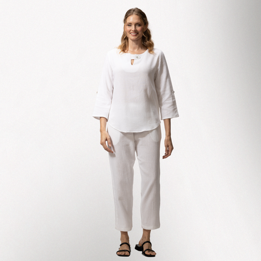 Toofan - White - Round Neck Tab Detail, Roll Up Sleeve Top - HS138