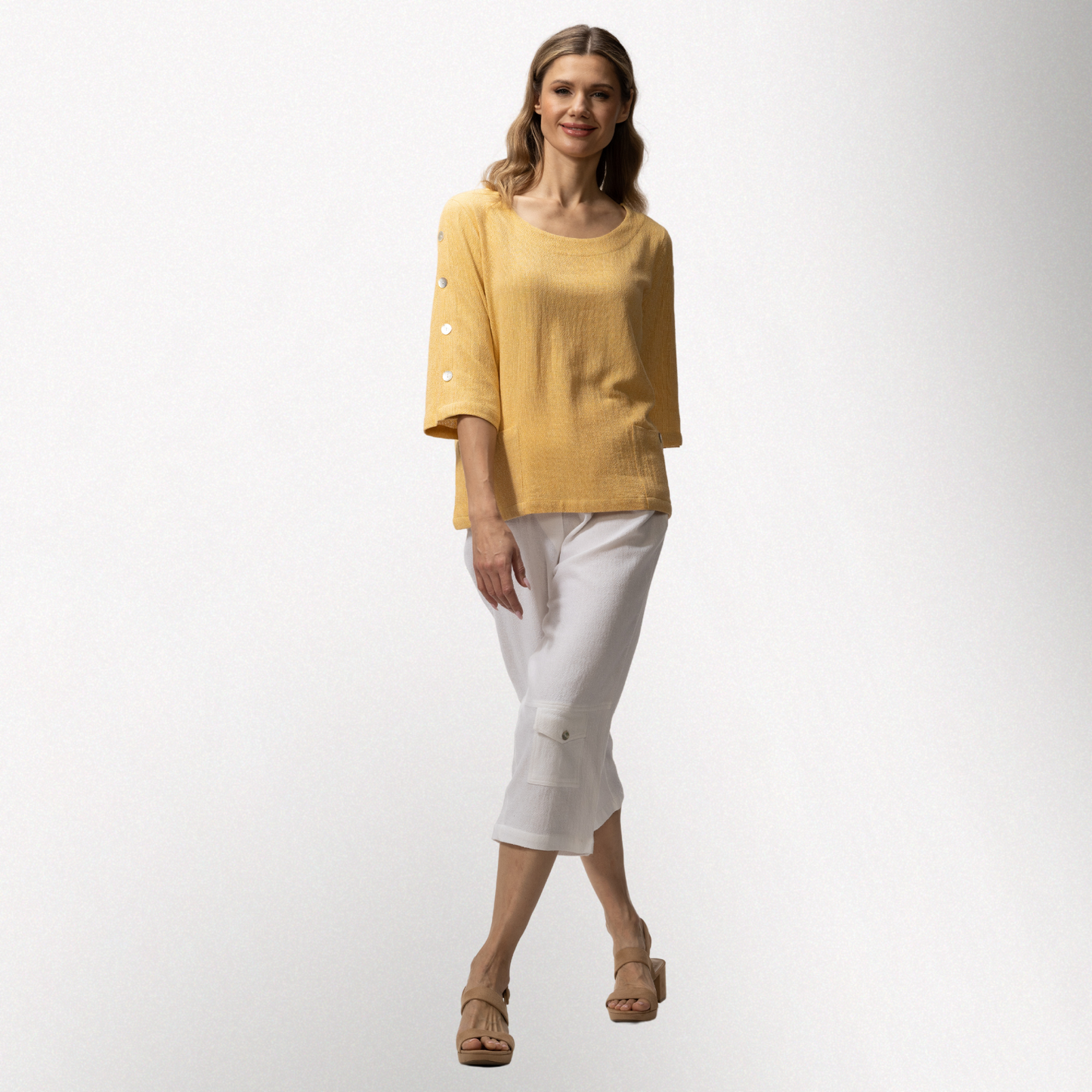 Toofan - Butter - Round Neck 3/4 Sleeves with sleeve button details Top - HS630