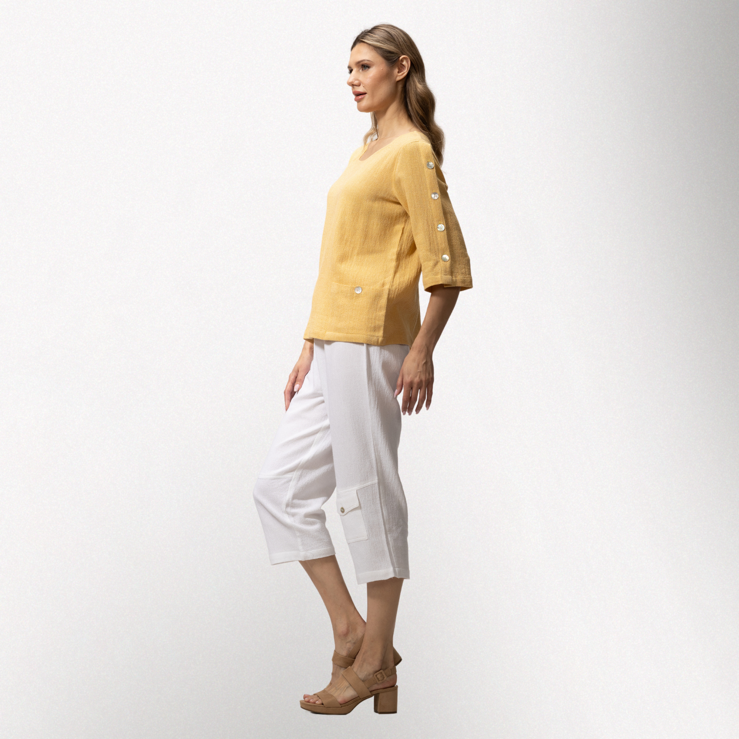Toofan - Butter - Round Neck 3/4 Sleeves with sleeve button details Top - HS630