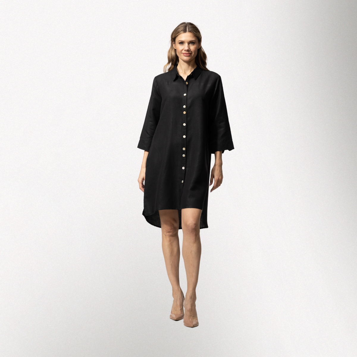 Toofan - Black - Front Button down 3/4 Sleeves Shirt Dress - L592