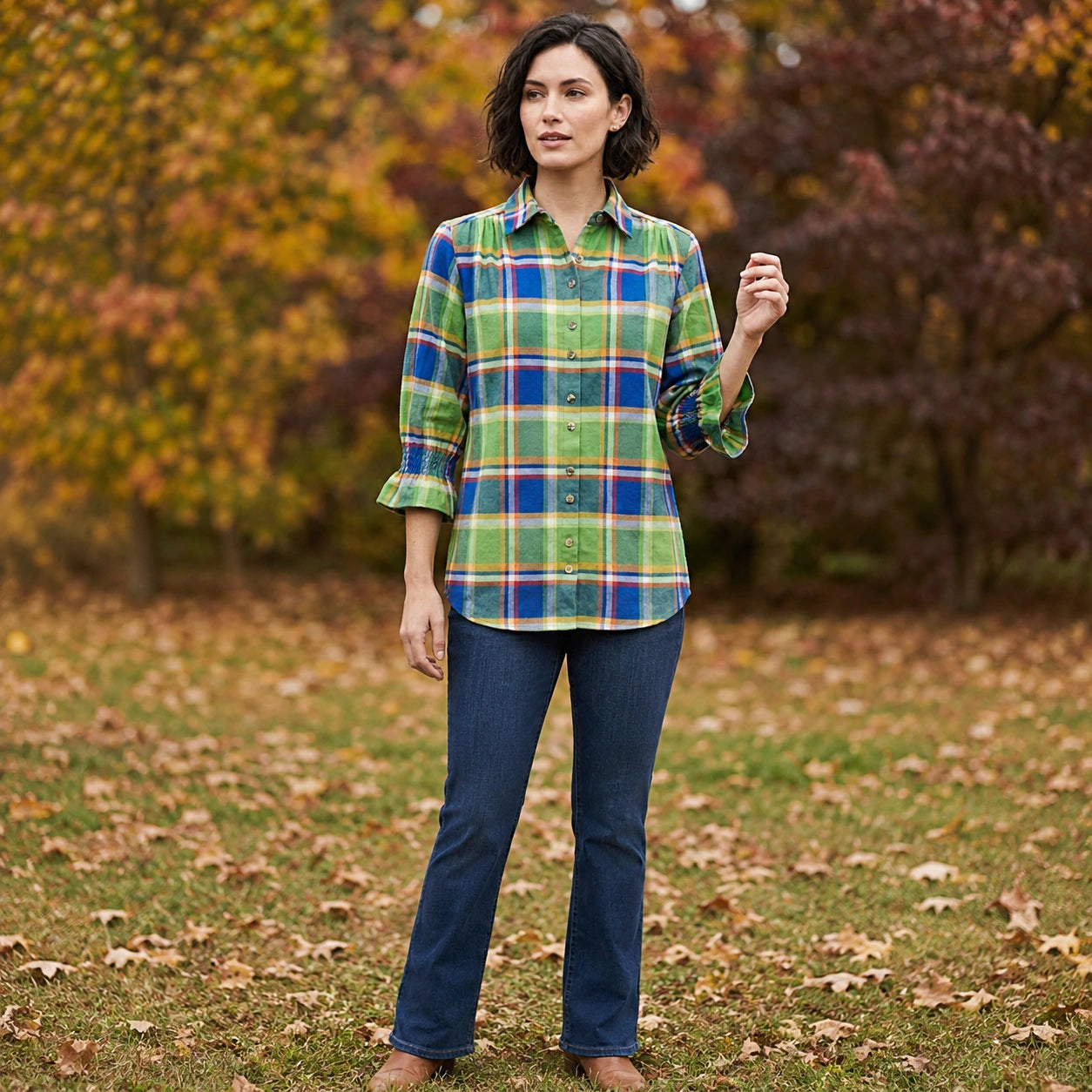 Toofan - Smocking Sleeve Plaid Shirt |Lime| 100% Polyester Relaxed Fit - PL 50-1