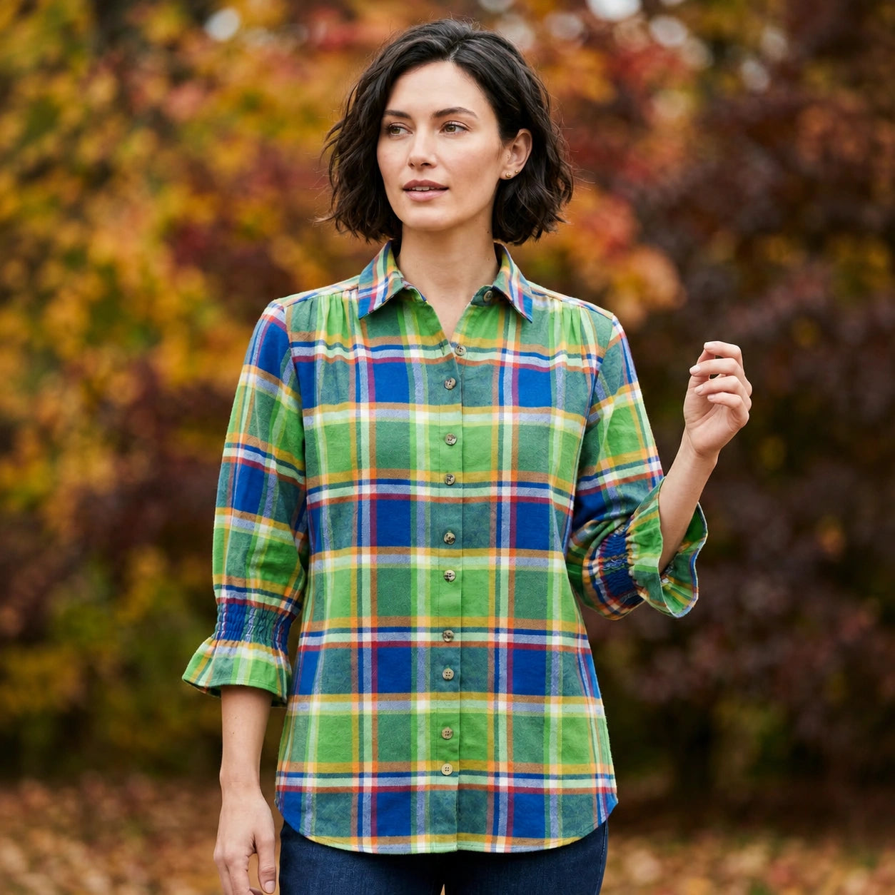 Toofan - Smocking Sleeve Plaid Shirt |Lime| 100% Polyester Relaxed Fit - PL 50-1