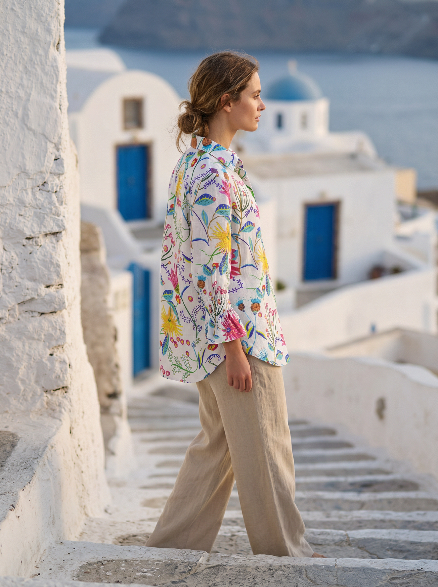 Toofan - Smocking Sleeve Printed Shirt Linen Floral Summer Shirt - LP50-1