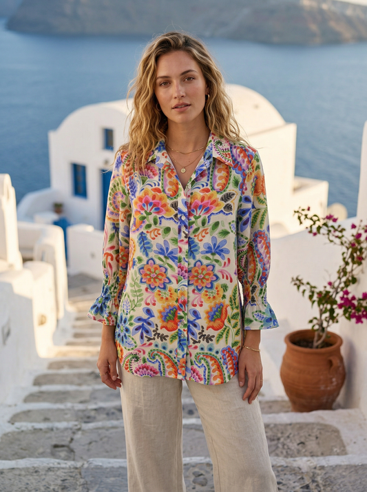 Toofan - Smocking Sleeve Printed Shirt Tropical Floral Linen Shirt - LP50-8