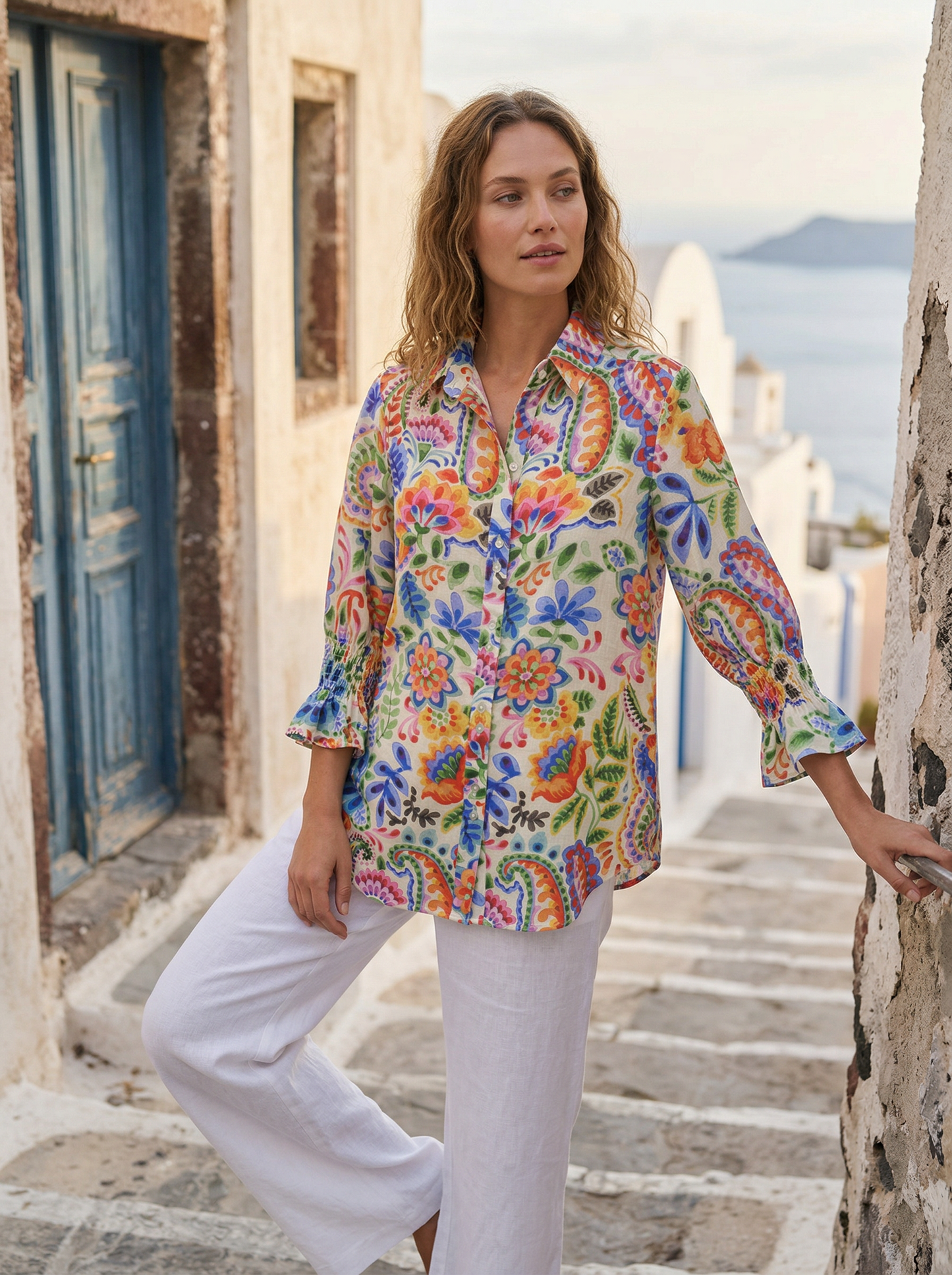 Toofan - Smocking Sleeve Printed Shirt Tropical Floral Linen Shirt - LP50-8