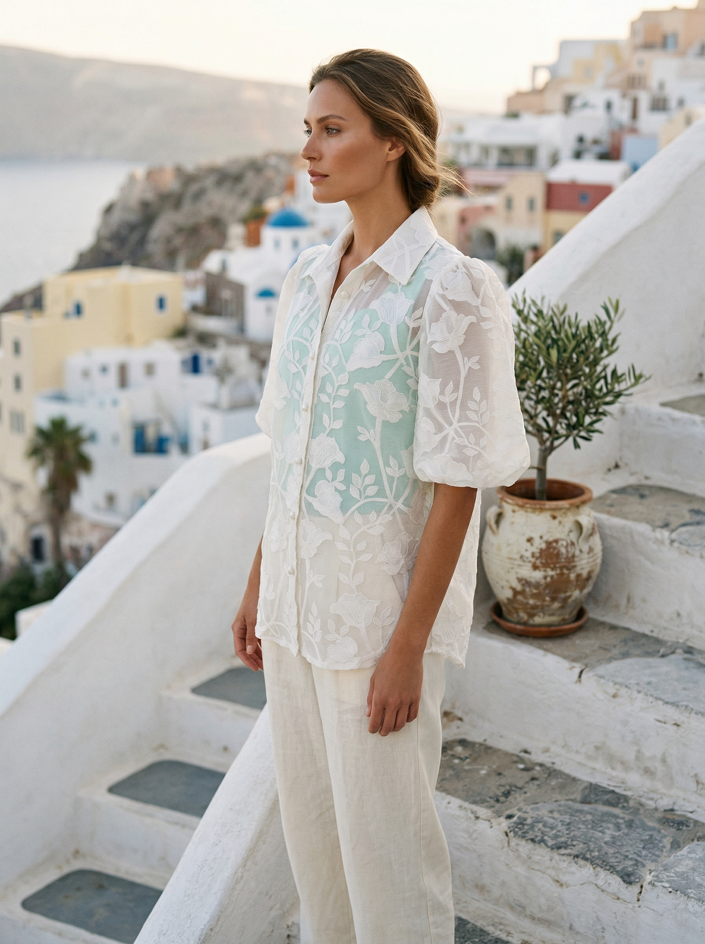 Toofan - Bubble Sleeve Pearl Button Top White Floral Burnout - NS79-1
