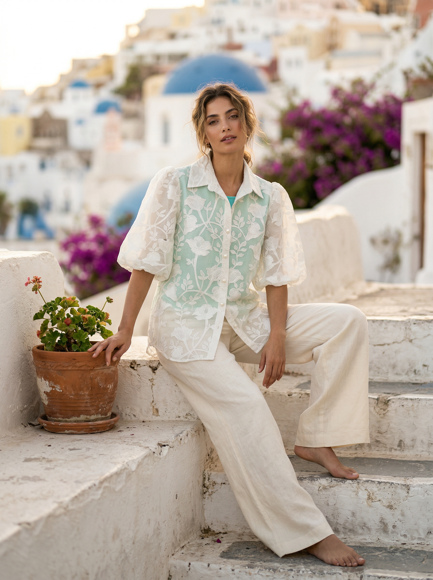 Toofan - Bubble Sleeve Pearl Button Top White Floral Burnout - NS79-1